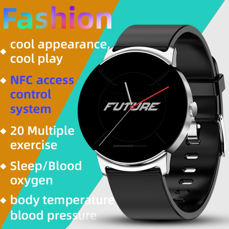 Black smart watch with round face, metal bezel accents, and black strap with on-screen display