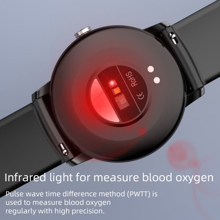 Black smart watch with red-lit sensor area on round face and black strap
