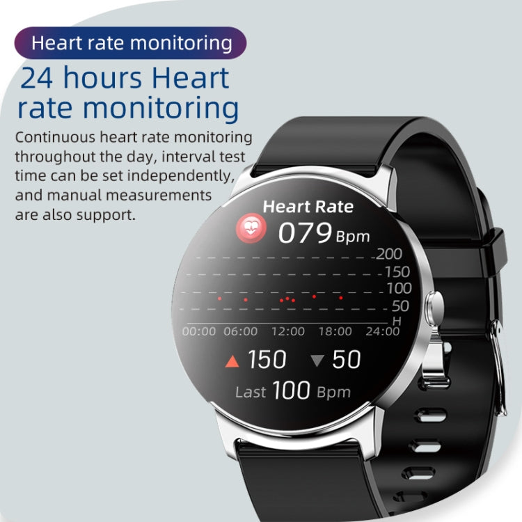 Black smart watch with round display showing heart-rate stats and black perforated strap