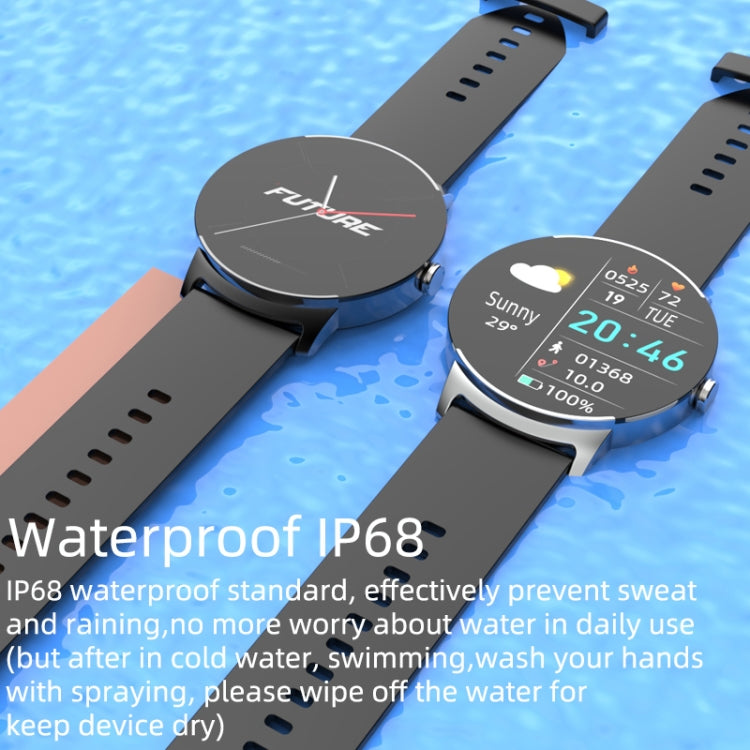 Black smart watch with round display and black strap, waterproof IP68 design