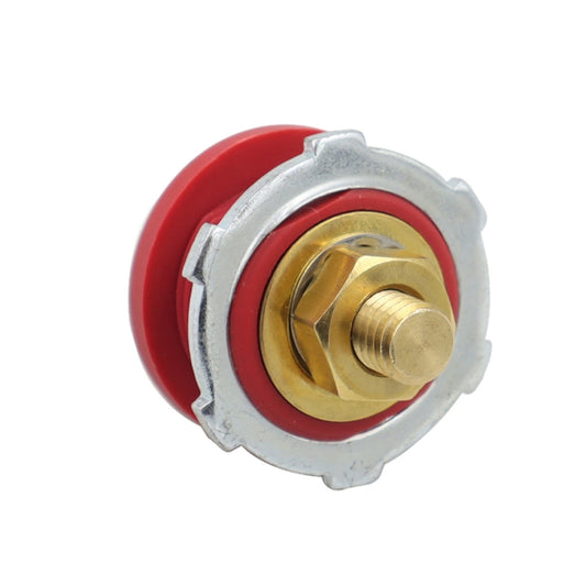 Red-capped battery charger stud connector with brass bolt and circular metal base