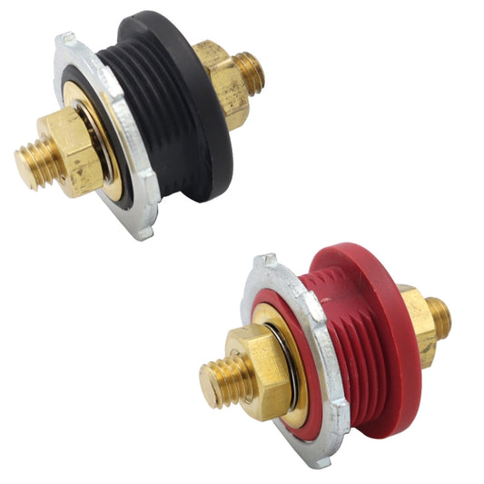 Black battery charger stud terminal connector with brass threaded posts and hex nuts