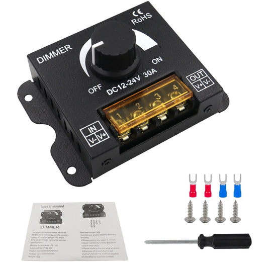 Black LED dimmer controller with rotary knob and amber window terminal block