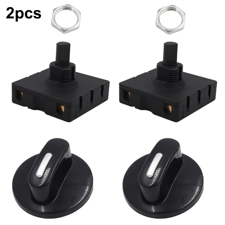 Black rotary speed switch for fan heater, with mounting base and metal stem, 2-pack