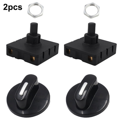 Black rotary speed switch for fan heater, with mounting base and metal stem, 2-pack