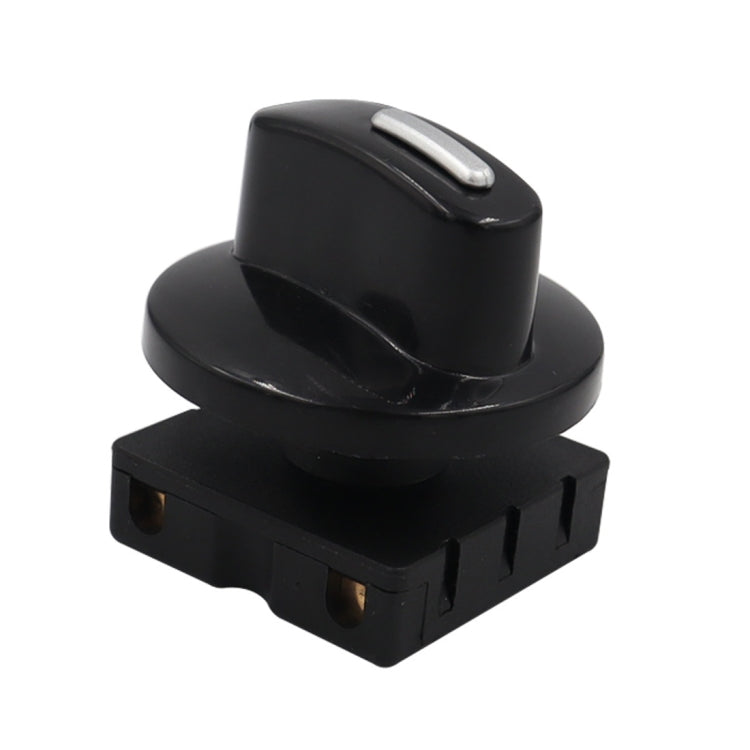 Black rotary fan heater speed knob with metal indicator insert on mounting base