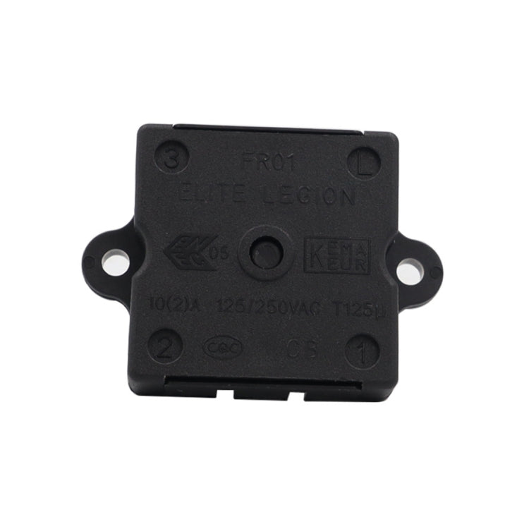 Black electrical switch housing with molded markings and two mounting holes