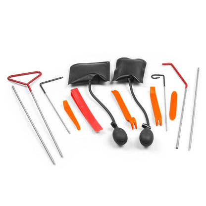 Car door open tool kit with metal rods, wedges, and red key lockout tools