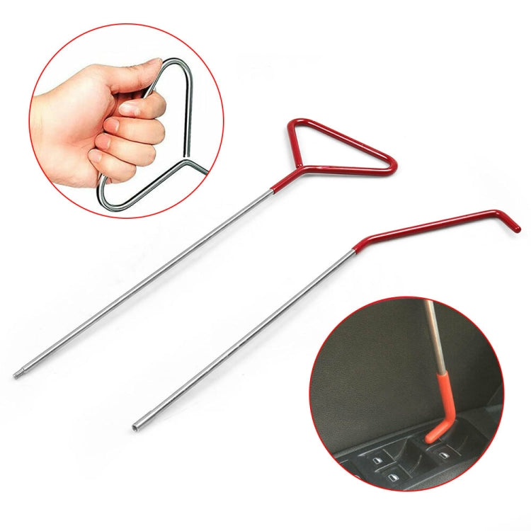 Car door open tool with two long metal rods and red L-shaped hooks