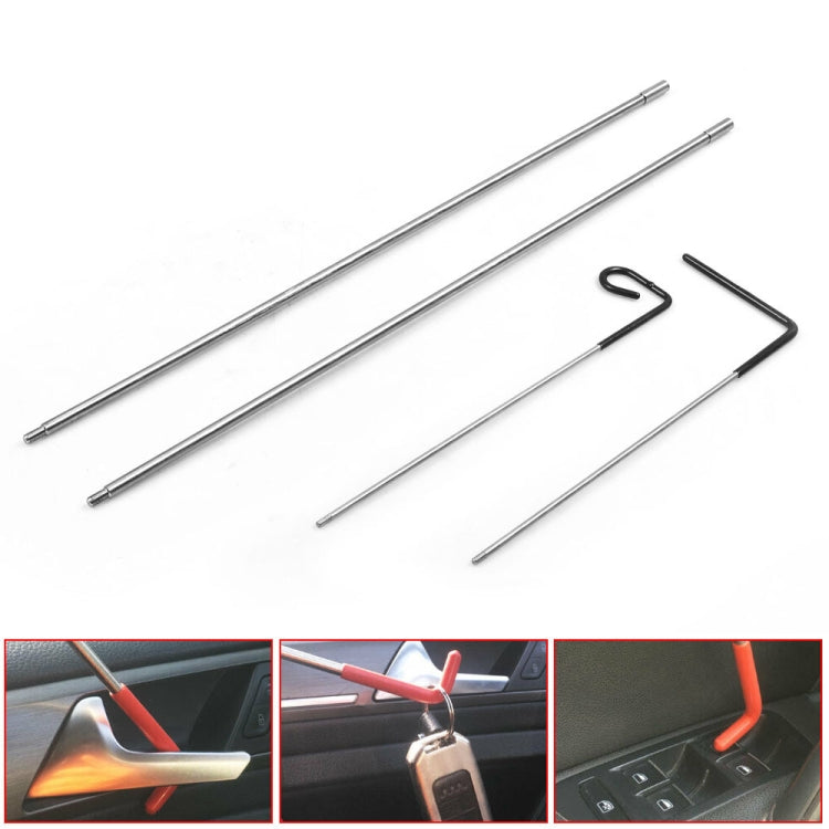 Car door open tool kit with two long metal rods and small hook picks