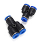 Plastic pneumatic Y-tee quick fitting connectors, black and blue, 3-way tee pieces