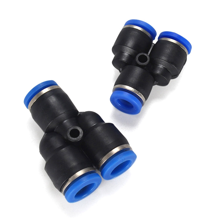 Plastic pneumatic Y-tee quick fitting connectors, black and blue, 3-way tee pieces