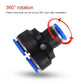Plastic pneumatic Y-tee quick fitting with blue release rings, black and blue