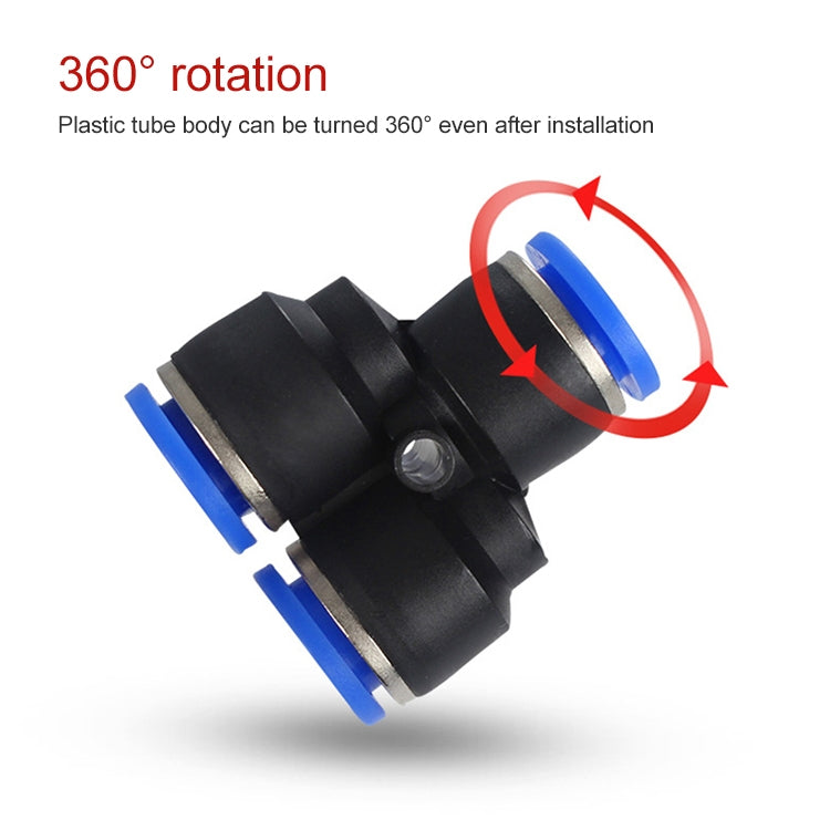 Plastic pneumatic Y-tee quick fitting with blue release rings, black and blue