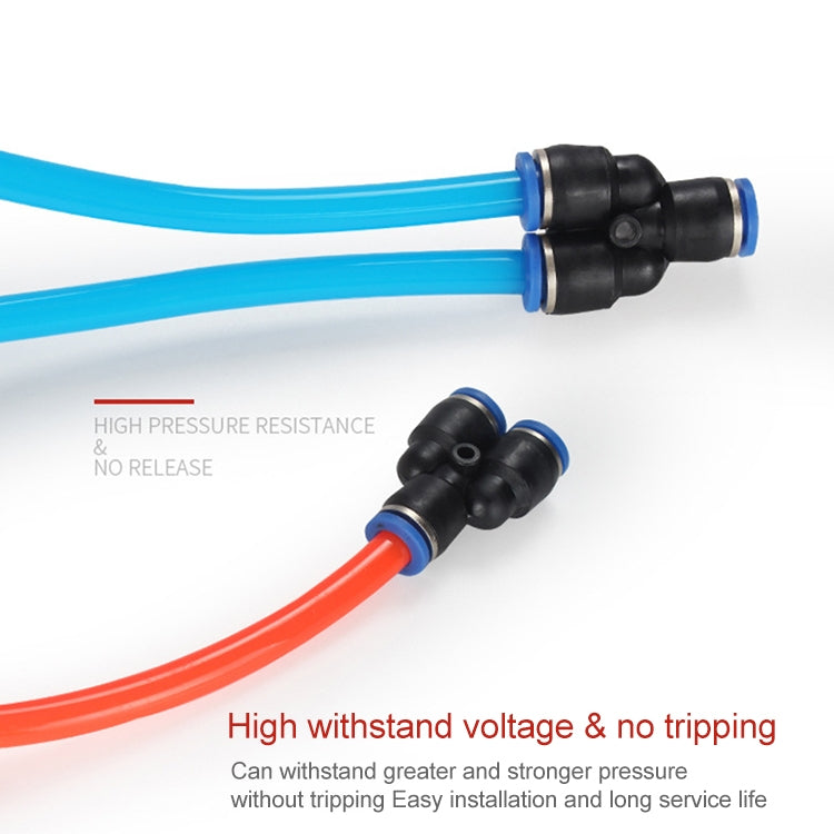 Plastic pneumatic Y-tee quick fitting with blue and red tubes, black and blue