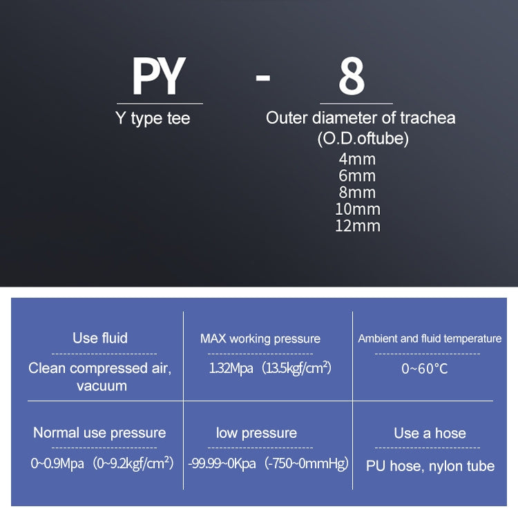 PY-8 Y-type tee pneumatic fitting spec chart with size and pressure details