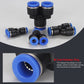 Plastic pneumatic Y-tee quick fitting set, black and blue, oval blue release ring