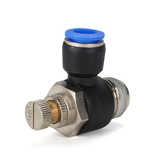 Pneumatic throttle valve quick fitting with blue seal, black body, brass angled port