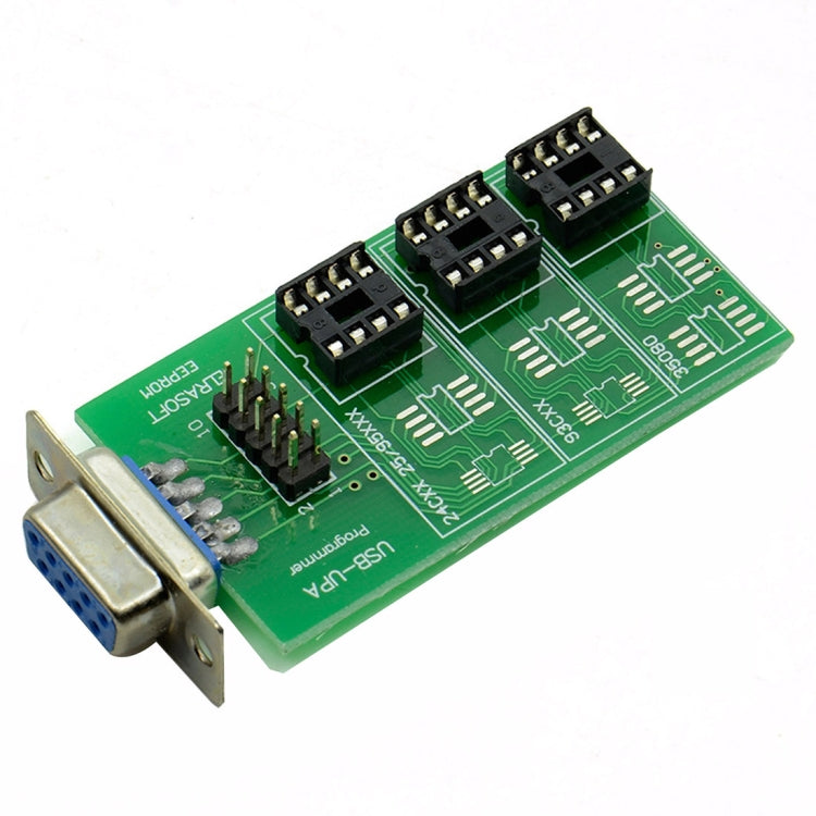USB EEPROM adapter board with DB9 port and black IC sockets, green PCB