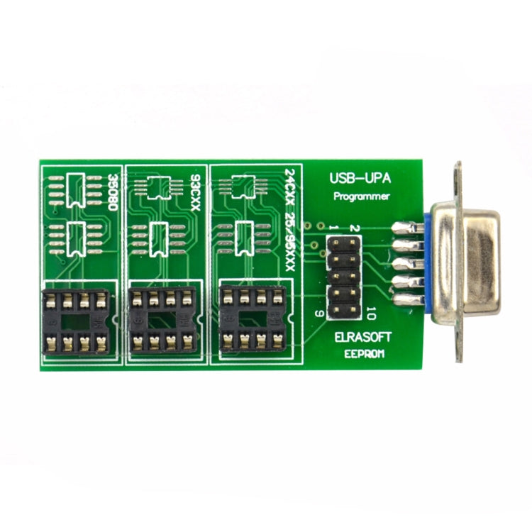 USB-UPA EEPROM adapter PCB with USB connector side and multiple chip pads