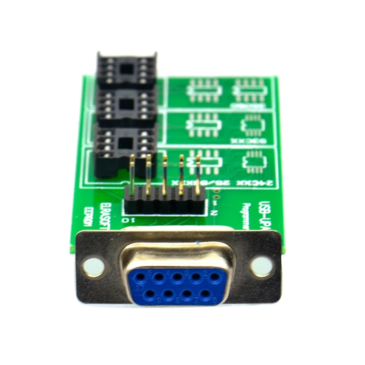 USB EEPROM adapter board close-up with black IC sockets and blue DB9 connector