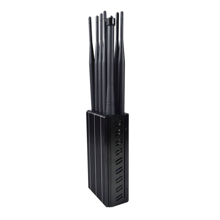Signal jammer with eight antenna rods on tall black tower body, side ventilation ports