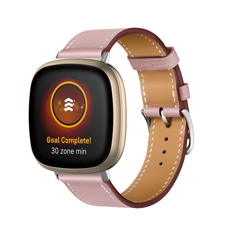 Pink leather watch band, metal pin and perforations for Fitbit Versa 4/Sense 2