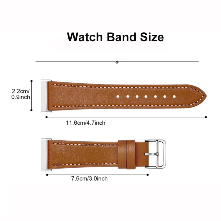Brown leather watch band size diagram with strap length and buckle measurements