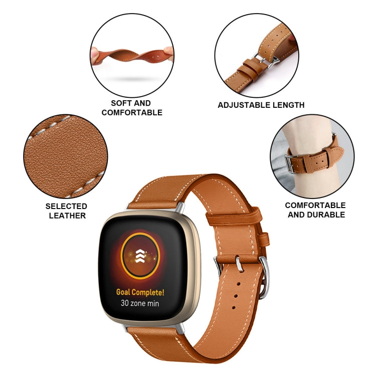 Tan leather watch band infographic showing selected leather, adjustable length, and comfort