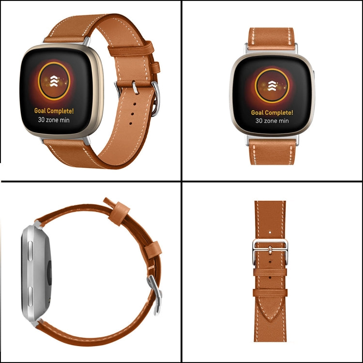 Brown leather watch band with buckle and metal pin, shown from front, back, and side