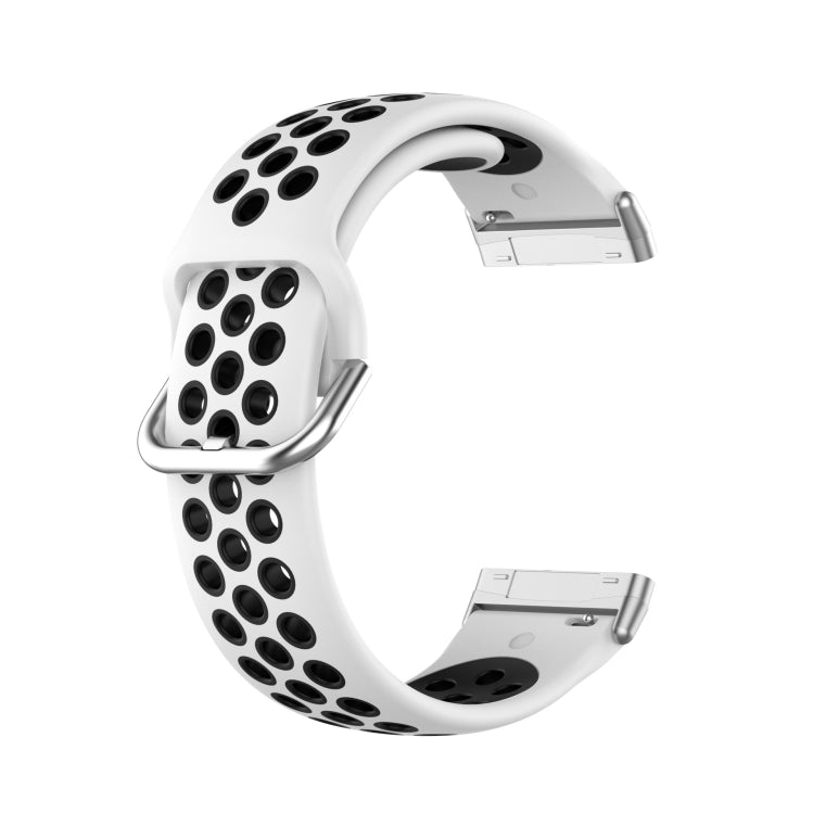 Dual-color silicone watch band with white perforated strap and metal buckle, smartwatch