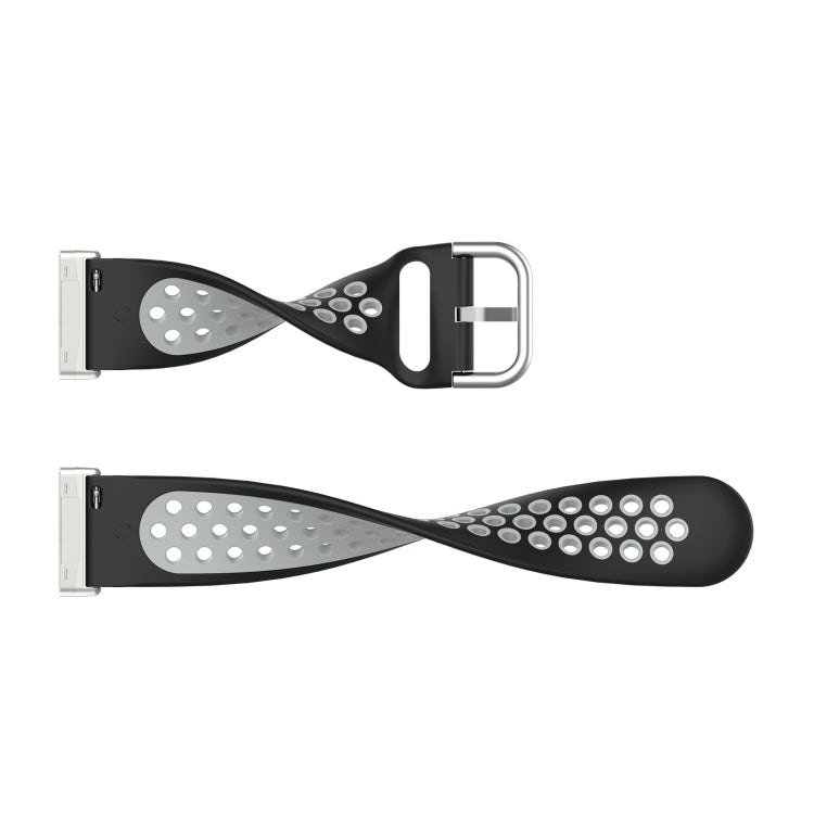 Dual-color silicone watch band with black strap and silver buckle, perforated design