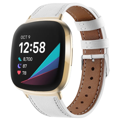 White genuine leather watch band with stitched holes and silver buckle for smartwatch.