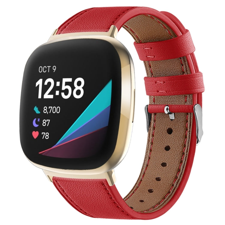 Red genuine leather watch band with stitched holes and silver buckle for smartwatch.