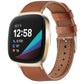Brown genuine leather watch band with stitched holes and silver buckle for smartwatch.