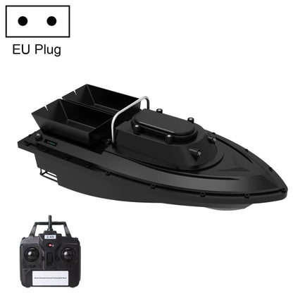 Black RC fishing bait boat with control station and EU-style power plug shown