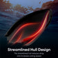 Sleek black remote-controlled bait boat with streamlined hull design