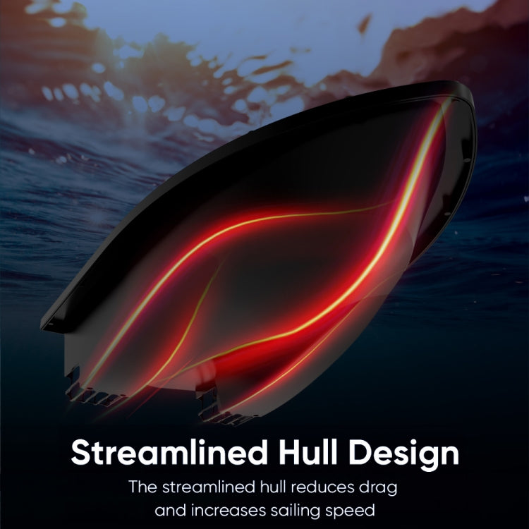 Sleek black remote-controlled bait boat with streamlined hull design