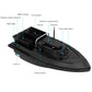Black RC fishing bait boat with labeled hoppers, antenna, and power switch