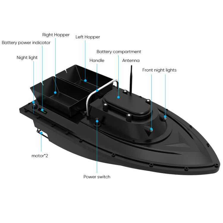Black RC fishing bait boat with labeled hoppers, antenna, and power switch