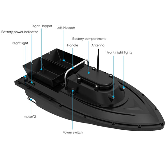 Black RC fishing bait boat with labeled hoppers, antenna, and power switch