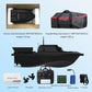 Black RC fishing bait boat with remote control, battery, charger, and accessories