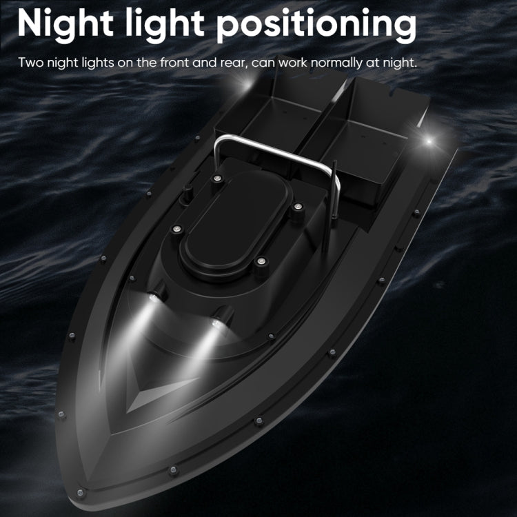 Black RC fishing bait boat with visible night lights on front and rear