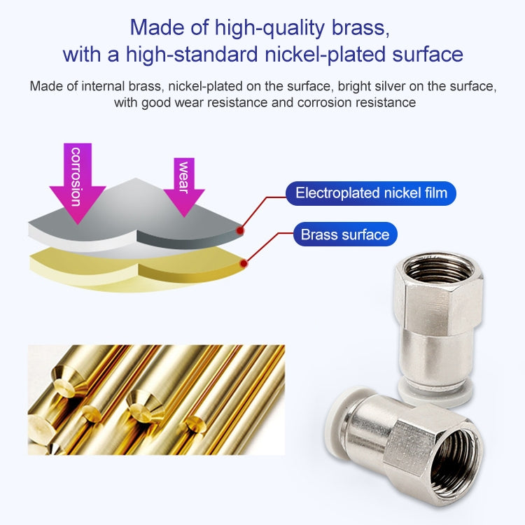 Brass pneumatic straight quick fitting connector with nickel-plated surface, female thread