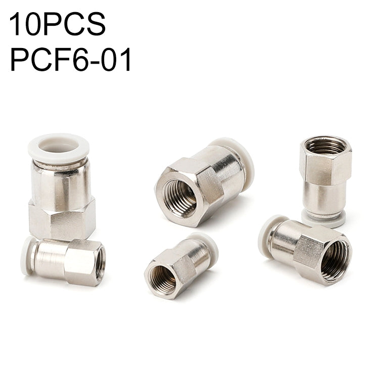Pneumatic straight quick fitting connector set, female threaded, metal, PCF6-01, 10 pcs