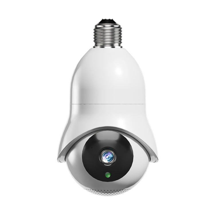 White WiFi surveillance light bulb camera with front security lens and indicator light