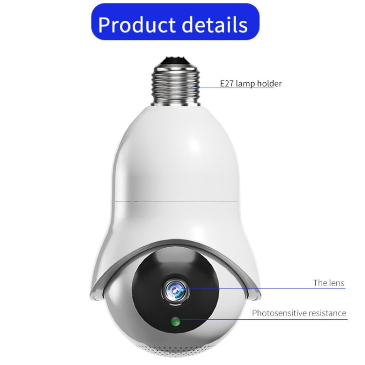 White E27 light-bulb WiFi camera with labeled lens and photosensitive sensor area