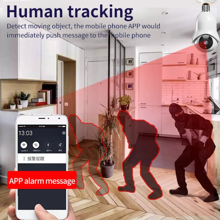 White WiFi surveillance light bulb camera with human detection area and app alarm graphic