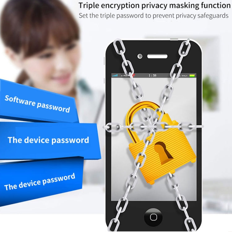 White WiFi surveillance bulb camera with privacy masking and password protection illustration