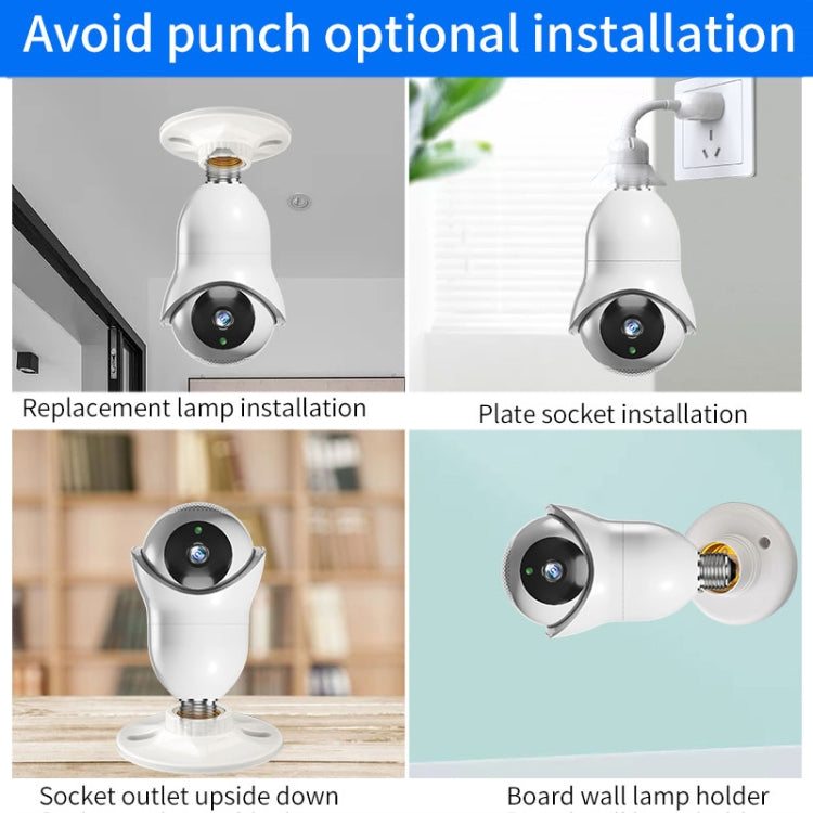 White WiFi surveillance bulb camera showing different installation options and lamp holder use